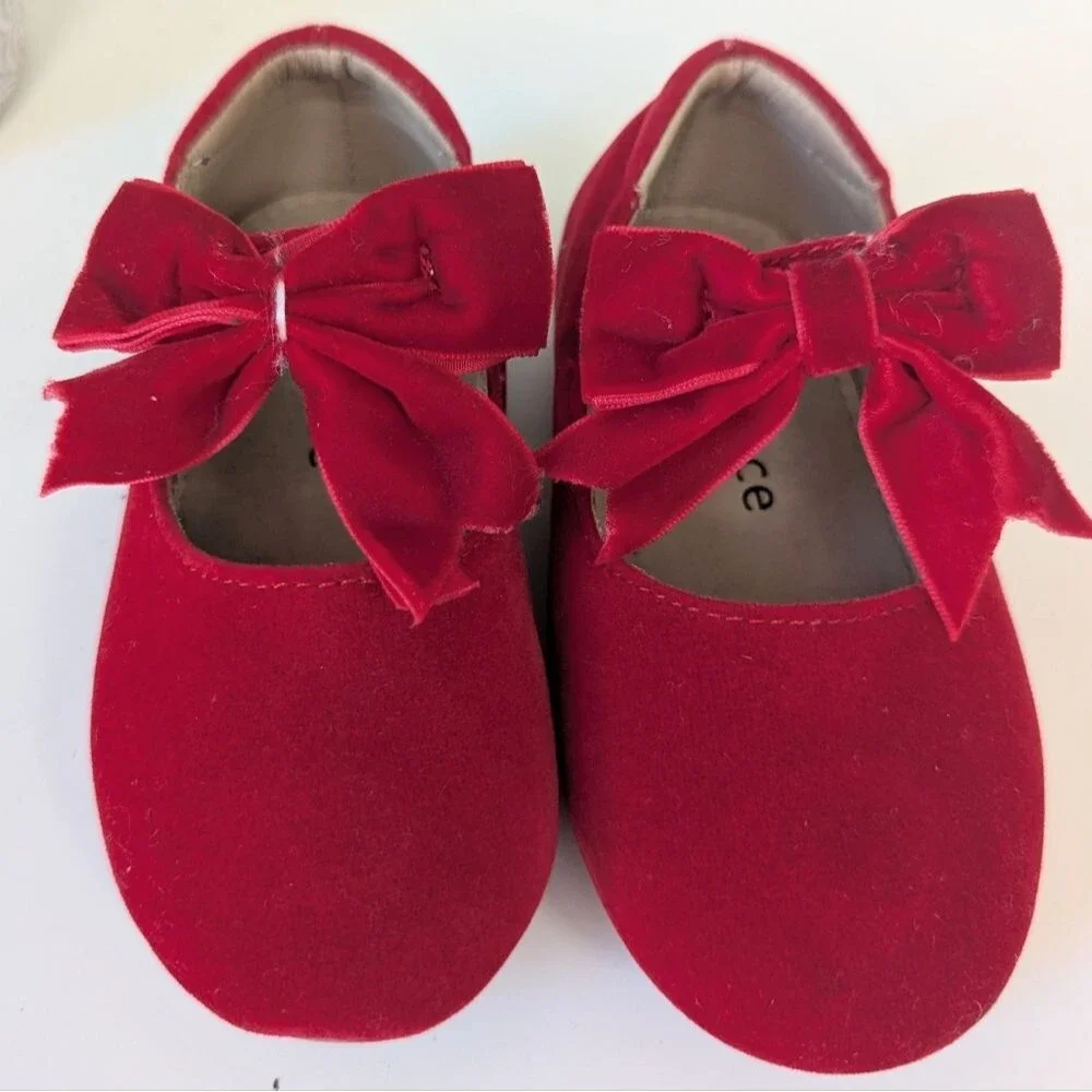 Toddler Girls Size 9 Red Velvet Bow Mary Jane Dress Shoes Coquette Holiday
